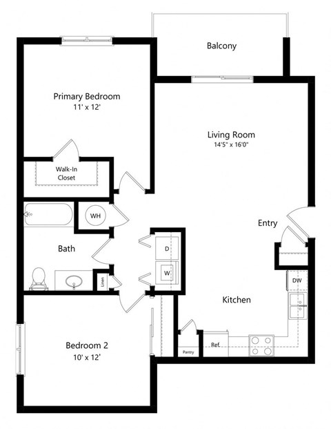 Floor plan for 2 beds, 1 bath, 883 sqft